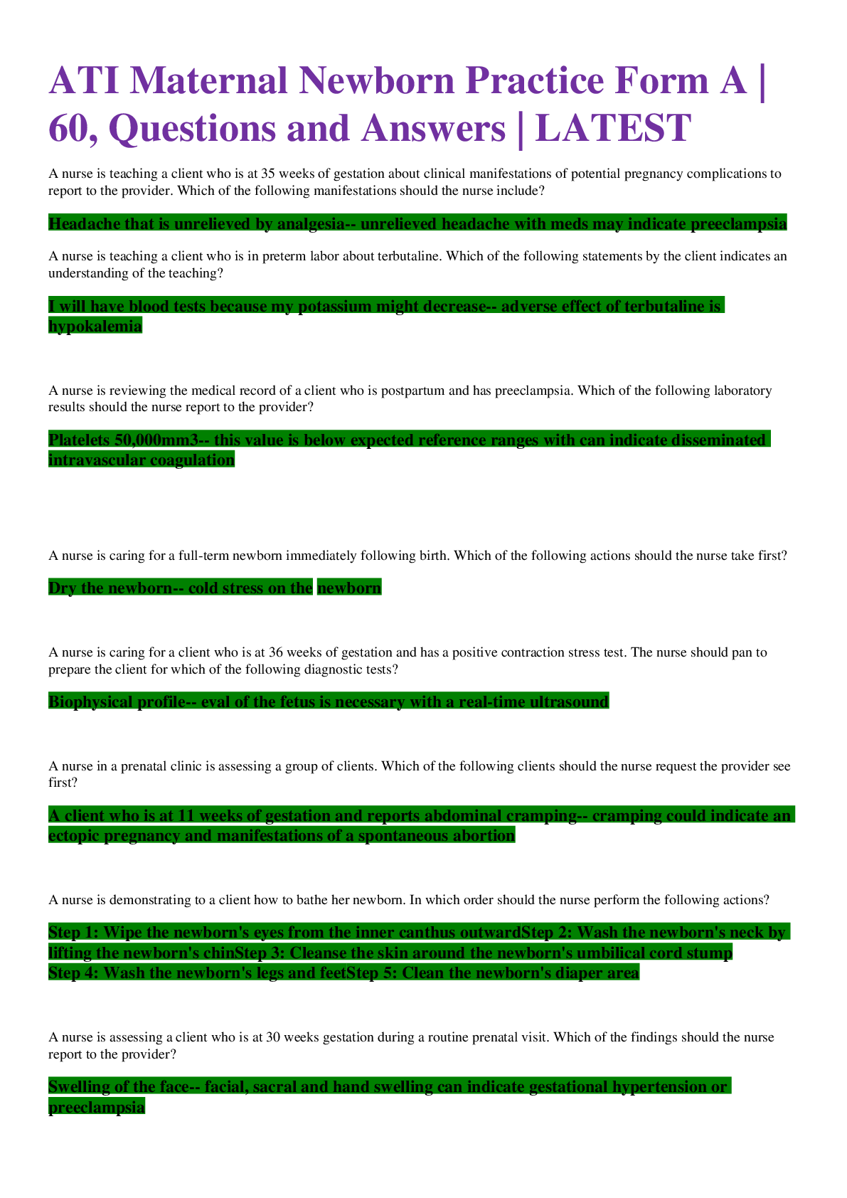 Preview of ATI Maternal Newborn Practice Form A |60, Questions and Answers | LATEST